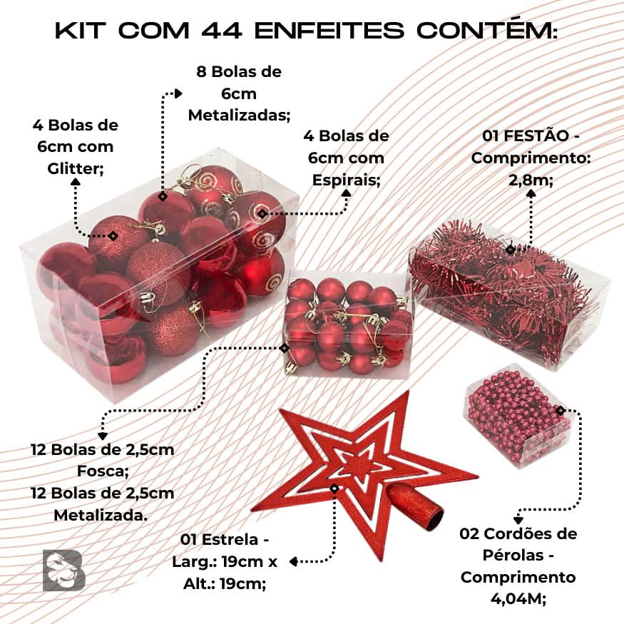 Kit 44 Enfeites Para Árvore de Natal Estrela Bolas Festão Cordão Pérolas Decoração Natalina